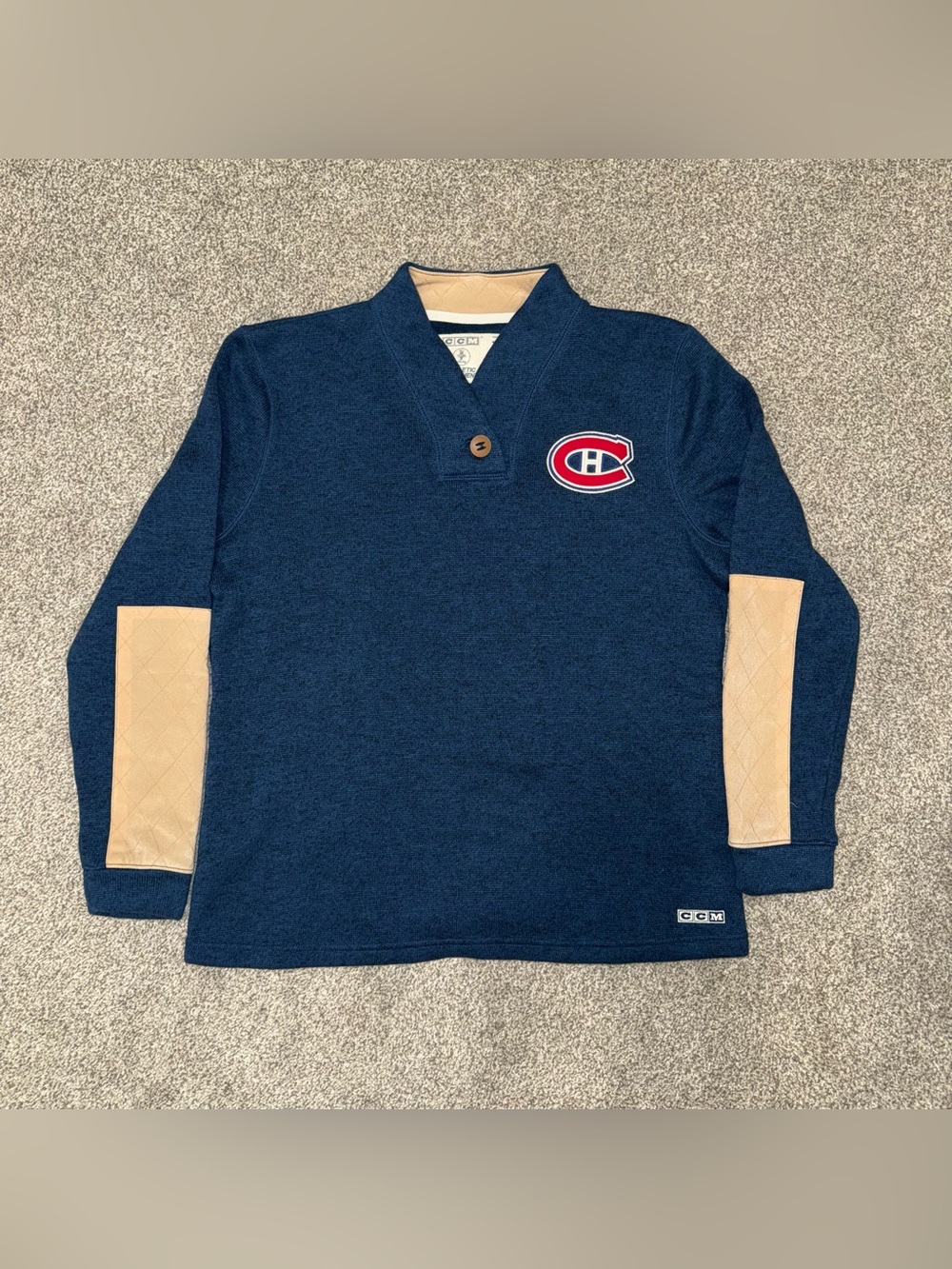CCM Montreal Canadiens Navy Hockey Pullover with Tan Elbow Panels and Red Logo